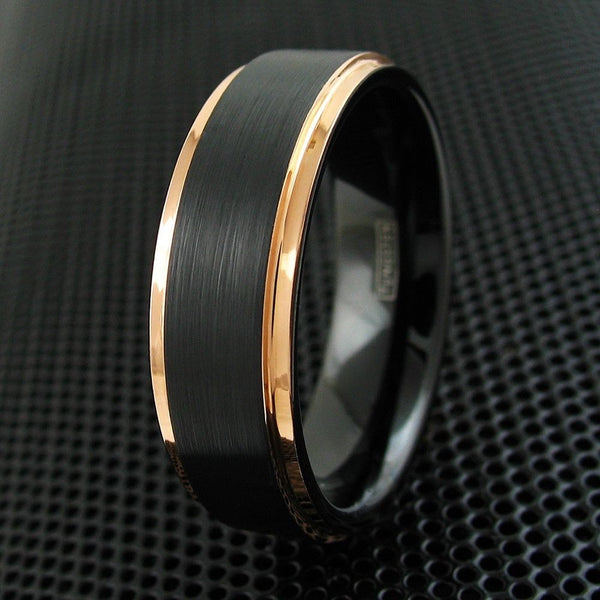 7mm Black tungsten ring w/ rose gold stepped edges | Wholesale tungsten rings - Wedding rings | Black Background photo