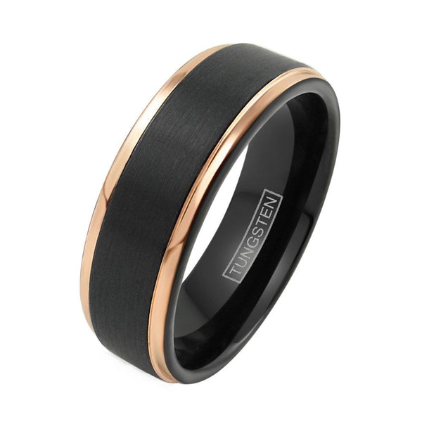 7mm Black tungsten ring w/ rose gold stepped edges | Wholesale tungsten rings - Wedding rings | Diagonal photo