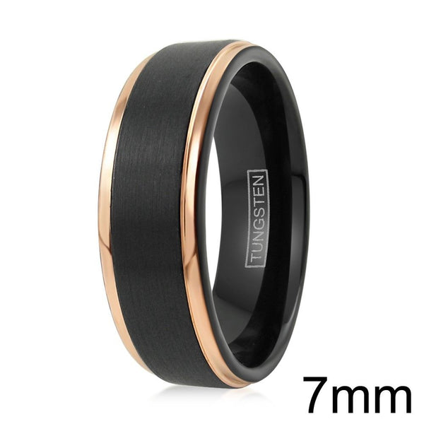 7mm Black tungsten ring w/ rose gold stepped edges | Wholesale tungsten rings - Wedding rings | Upright photo