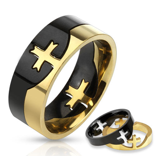 Black & Gold plated stainless steel cross theme puzzle ring | Wholesale stainless steel rings - Jewelry
