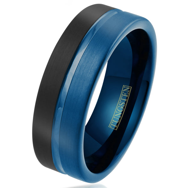 Two tone black/blue tungsten ring w/ thin blue line stripe & beveled edges | Wholesale Tungsten Rings - Wedding Bands | White tilt photo