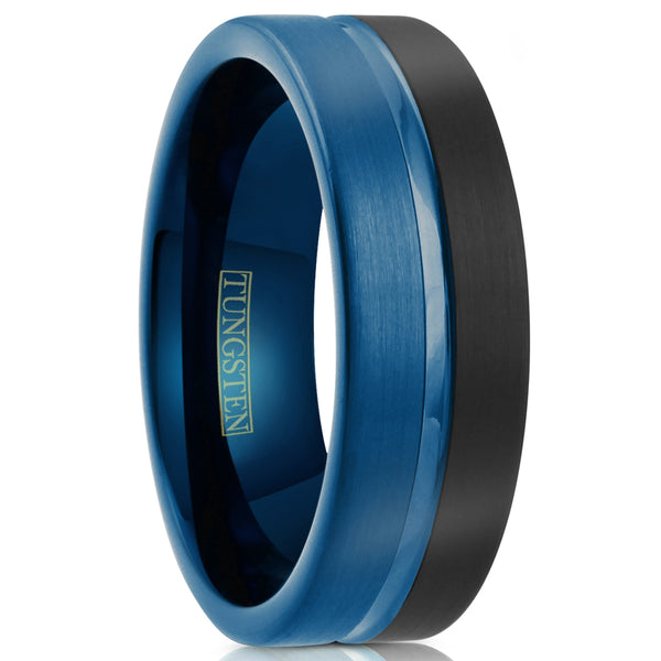 Two tone black/blue tungsten ring w/ thin blue line stripe & beveled edges | Wholesale Tungsten Rings - Wedding Bands | White upright photo