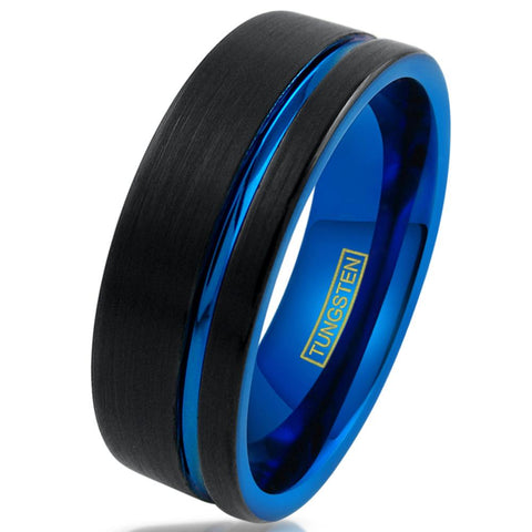 2-tone black tungsten ring w/ cobalt blue inner band & off-center stripe | Wholesale tungsten rings -wedding bands | Main photo