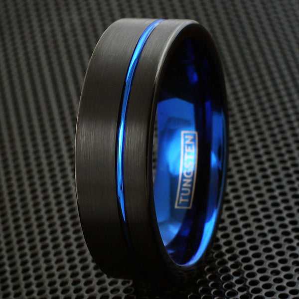 2-tone black tungsten ring w/ cobalt blue inner band & off-center stripe | Wholesale tungsten rings -wedding bands | Grill photo
