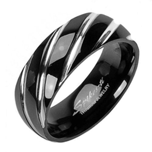 Dazzling Two-Tone Black Titanium Ring with a Silver Twisted Swirly Grooves.  Couple Ring
