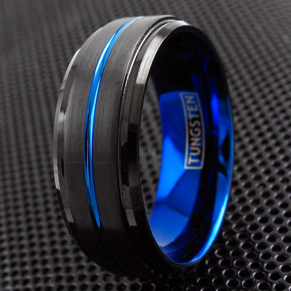 Black tungsten ring, cobalt blue inner band & recessed stripe | Wholesale tungsten rings - wedding bands | Black photo
