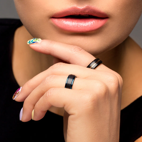 Beautiful Two-Tone Blue Tungsten Ring with Black Satin Finish Band & Stepped Edges.