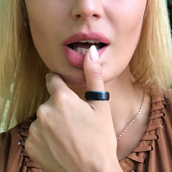 Beautiful Two-Tone Blue Tungsten Ring with Black Satin Finish Band & Stepped Edges.