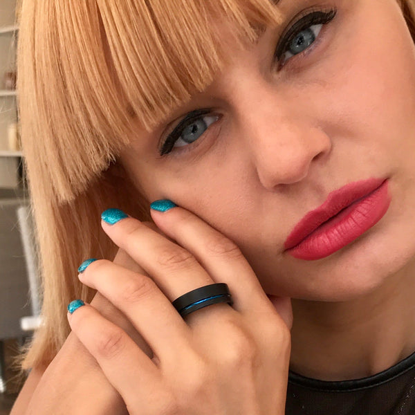 Awesome Two-Tone Black Flat Band Tungsten Ring w/ Cobalt Blue Inner Band & Recessed Thin Blue Line Stripe.