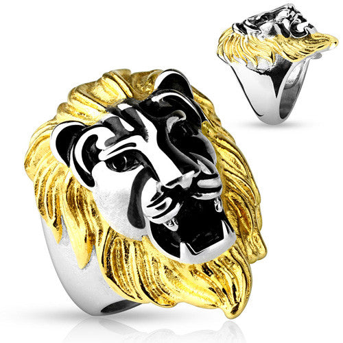 Two-tone gold and polished stainless steel lion's head ring | Wholesale stainless steel rings - Jewelry | Small