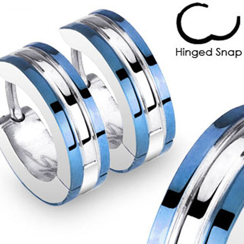 Two-tone hinged hoop huggie earrings w/ two cobalt blue stripes | Wholesale 316L Stainless Steel Jewelry
