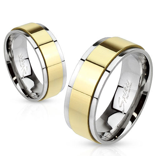 Mirror polished stainless steel ring with 14k gold plated spinning band | Couple Ring | Wholesale Jewelry