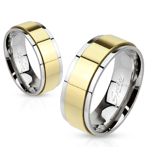 Mirror polished stainless steel ring with 14k gold plated spinning band | Couple Ring | Wholesale Jewelry