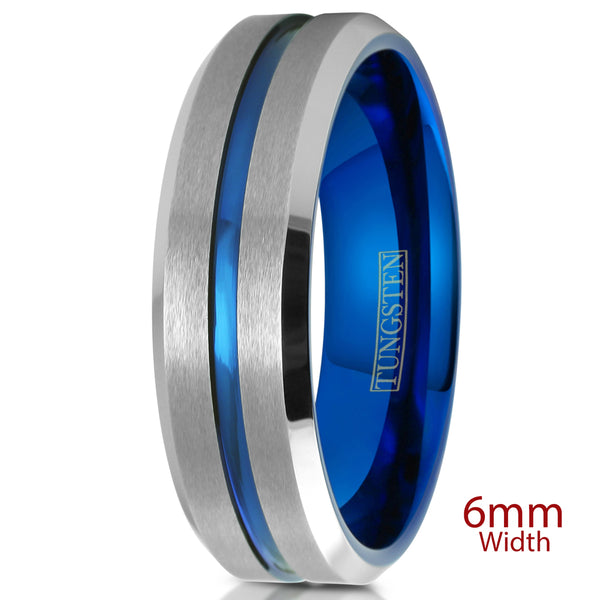 Silver tungsten carbide ring, blue inner band, blue recessed stripe | Wholesale tungsten rings - wedding bands | White 6mm photo