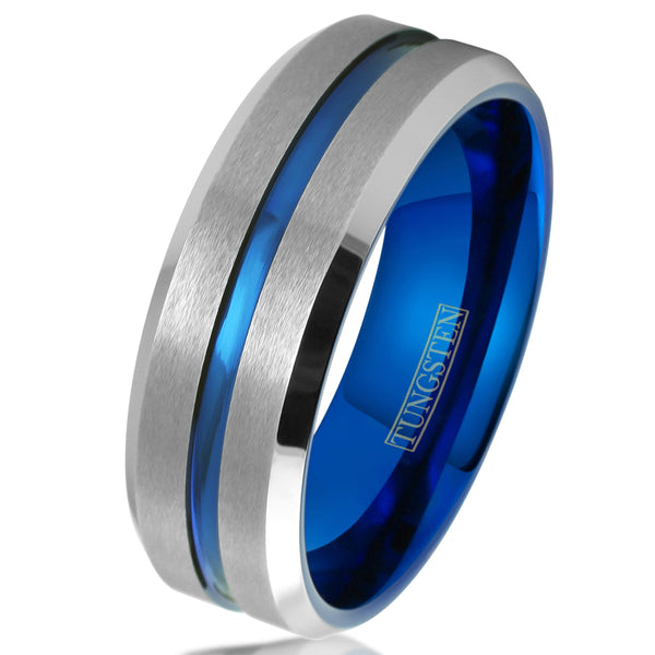 Silver tungsten carbide ring, blue inner band, blue recessed stripe | Wholesale tungsten rings - wedding bands | White 8mm photo