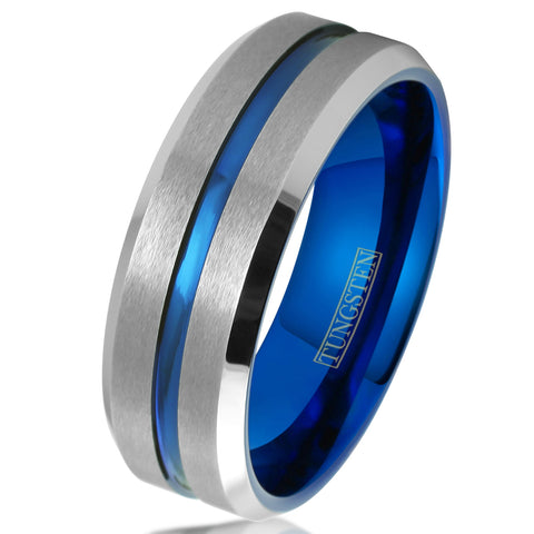 Silver tungsten carbide ring, blue inner band, blue recessed stripe | Wholesale tungsten rings - wedding bands | White 8mm photo