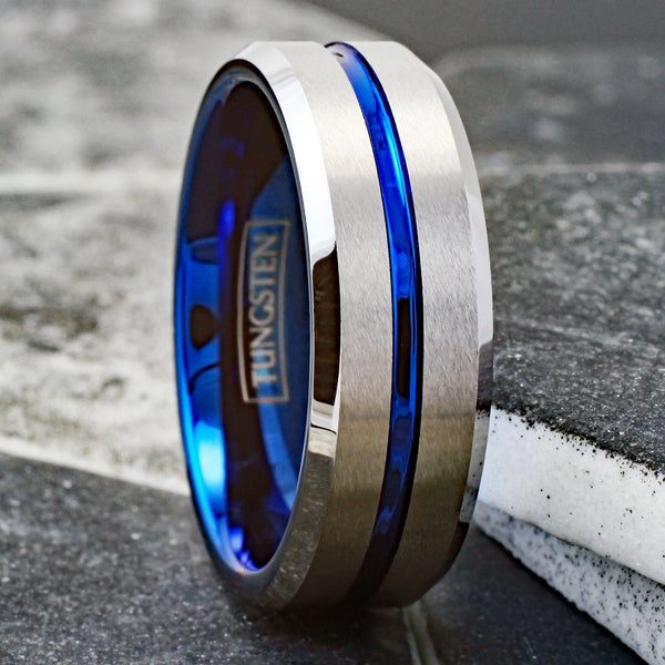 Brilliant Two-Tone Tungsten Ring with Blue Inner Band, Silver Brush Finish Outer Band, and a Dazzling Blue Recessed Stripe.
