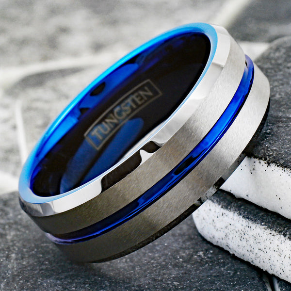 Brilliant Two-Tone Tungsten Ring with Blue Inner Band, Silver Brush Finish Outer Band, and a Dazzling Blue Recessed Stripe.