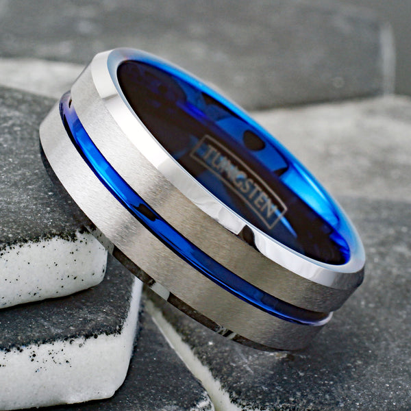 Brilliant Two-Tone Tungsten Ring with Blue Inner Band, Silver Brush Finish Outer Band, and a Dazzling Blue Recessed Stripe.