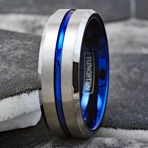 Brilliant Two-Tone Tungsten Ring with Blue Inner Band, Silver Brush Finish Outer Band, and a Dazzling Blue Recessed Stripe.