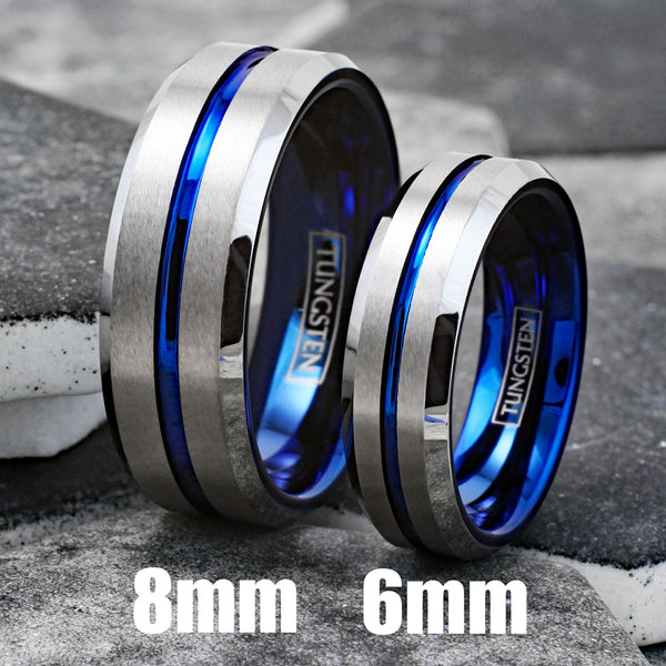Brilliant Two-Tone Tungsten Ring with Blue Inner Band, Silver Brush Finish Outer Band, and a Dazzling Blue Recessed Stripe.