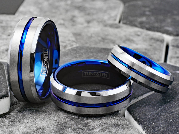 Brilliant Two-Tone Tungsten Ring with Blue Inner Band, Silver Brush Finish Outer Band, and a Dazzling Blue Recessed Stripe.