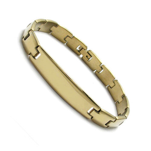 Unadorned strap link bracelet with engravable plate | Wholesale 316L Stainless Steel Jewelry | Gold photo
