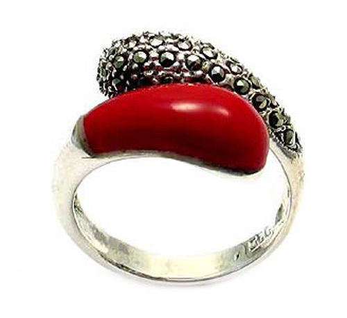 Unique and refined red agate and marcasite wrap ring | Wholesale sterling silver rings - Jewelry | Main photo