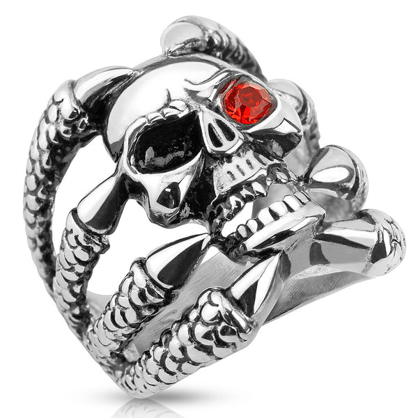  Cast stainless steel ring depicting red-eyed skull grasped by dragon's claws | Wholesale Jewelry | Main photo