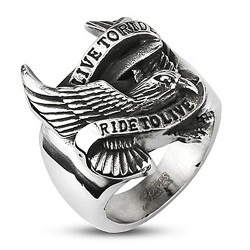 Wide cast stainless steel ring with awesome biker eagle and two banner | Wholesale Jewelry