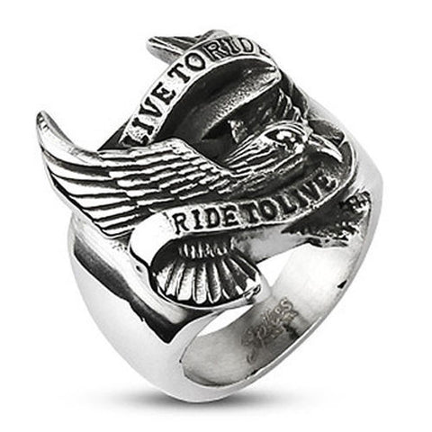 Wide cast stainless steel ring with awesome biker eagle and two banner | Wholesale Jewelry