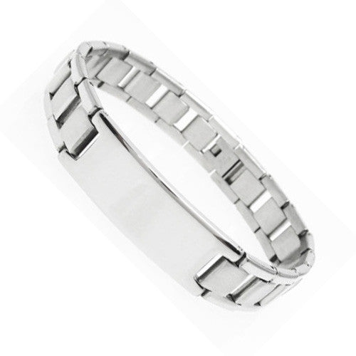 Wide strap band link bracelet with engravable plate | Wholesale 316L Stainless Steel Jewelry