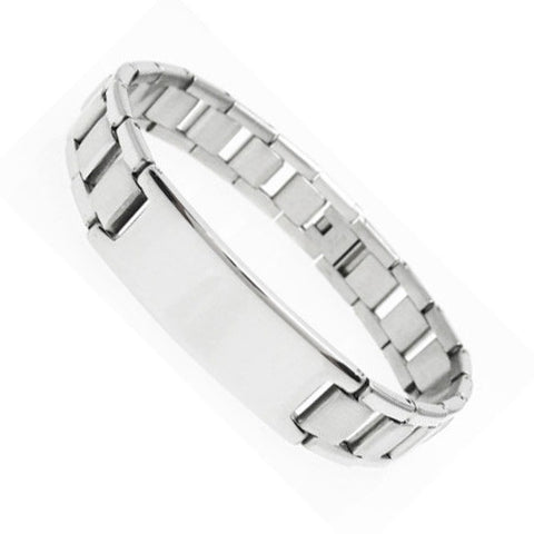 Wide strap band link bracelet with engravable plate | Wholesale 316L Stainless Steel Jewelry