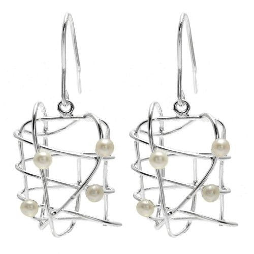 Wire cage & freshwater pearl hanging earrings | Wholesale 925 Sterling Silver Jewelry | Item photo