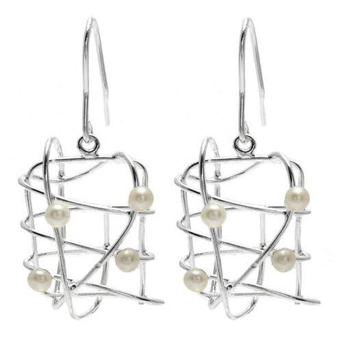 Wire cage & freshwater pearl hanging earrings | Wholesale 925 Sterling Silver Jewelry | Item photo