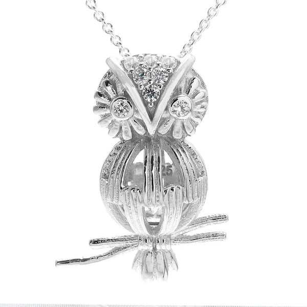 Wise sterling silver owl on branch pearl cage pendant | Wholesale 925 sterling silver jewelry | Pendant photo