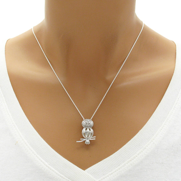 Wise sterling silver owl on branch pearl cage pendant | Wholesale 925 sterling silver jewelry | Mannequin photo