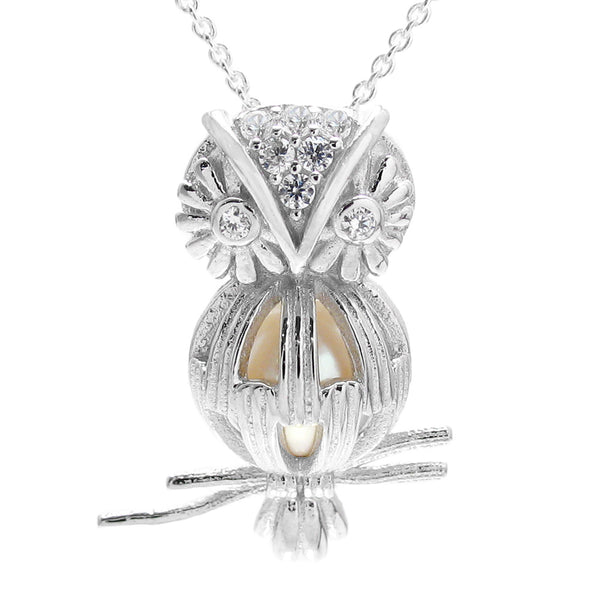 Wise sterling silver owl on branch pearl cage pendant | Wholesale 925 sterling silver jewelry | Pearl photo