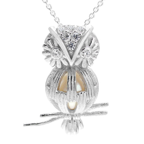 Wise sterling silver owl on branch pearl cage pendant | Wholesale 925 sterling silver jewelry | Pearl photo